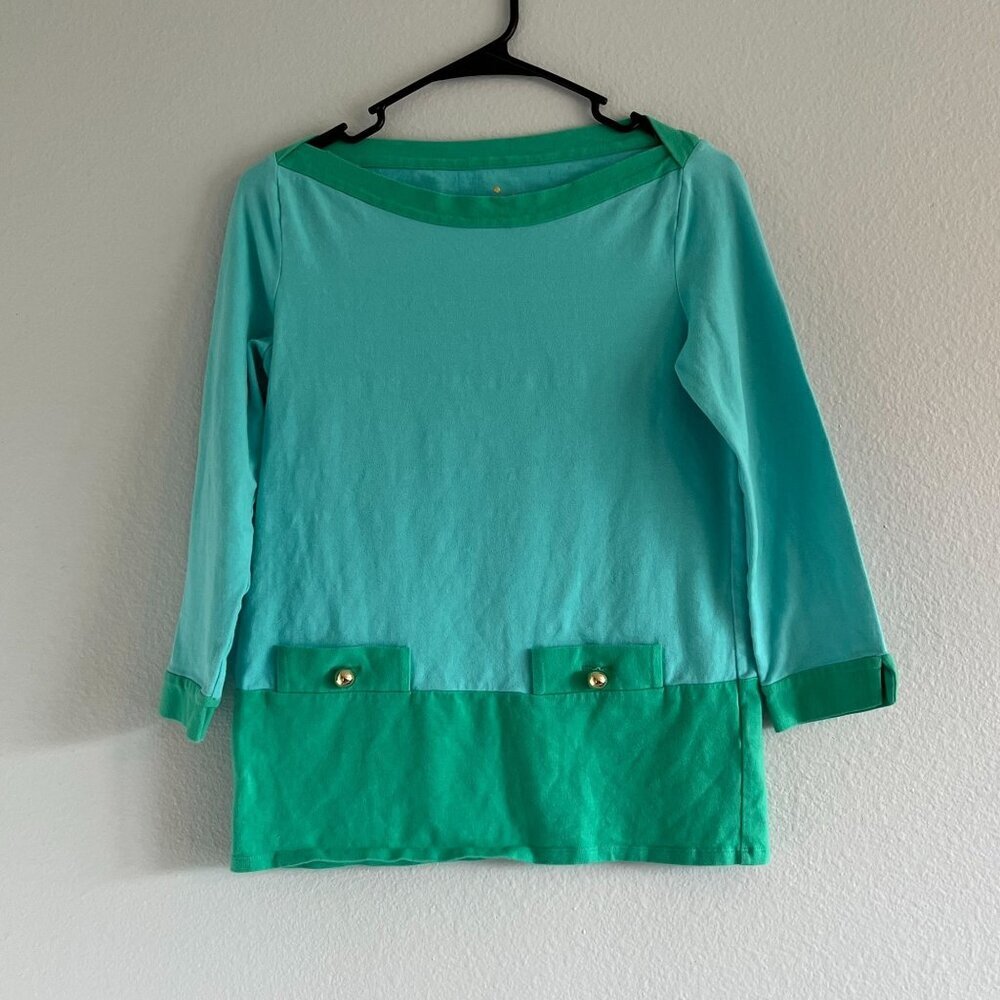 Kate Spade‎ New York Blue Green Block Shirt Faux Pockets Cotton Shirt Top Size S